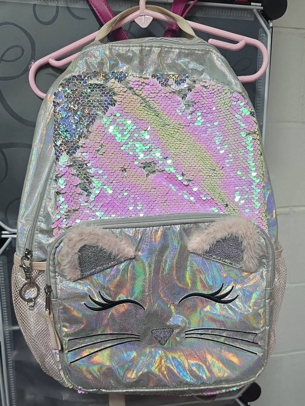 Holographic Cat Sequin Girls' Backpack - Pink Iridescent